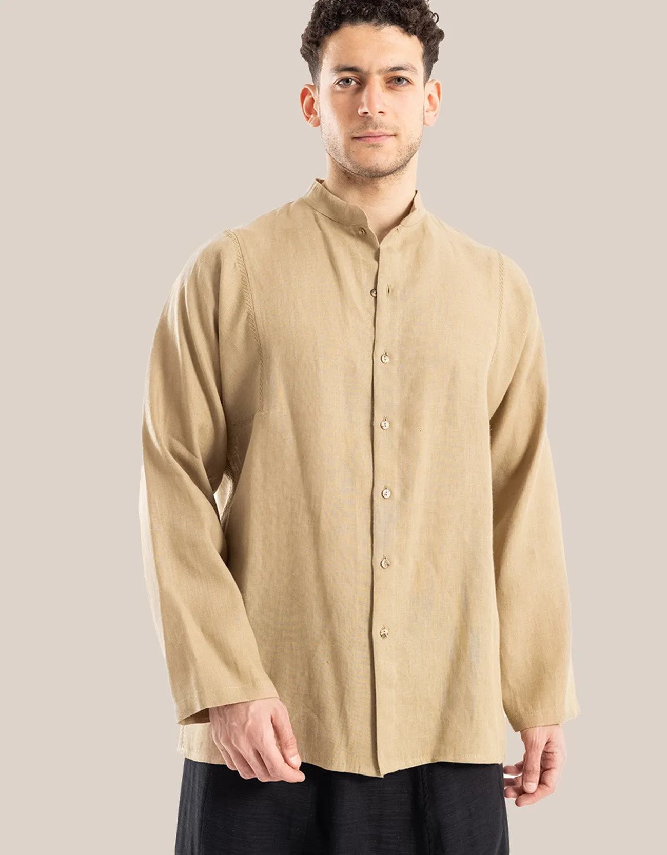 Linen shirt with button down and stand up collar