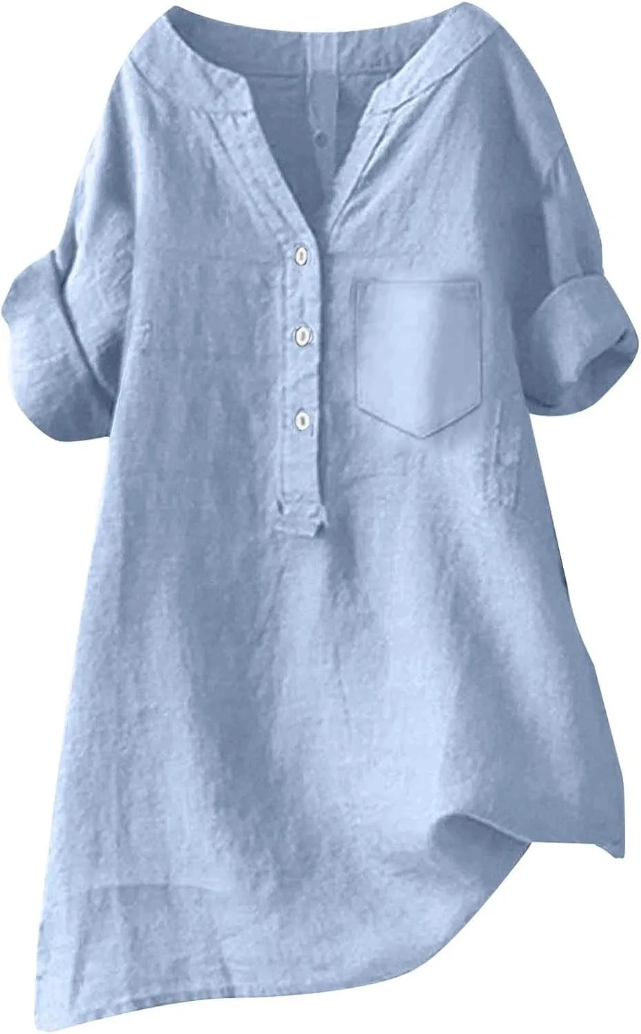 Linen Shirts for Women Short Sleeve V Neck Summer Beach Tops Casual Loose Fit Boho Tshirts with Buttons & Pockets