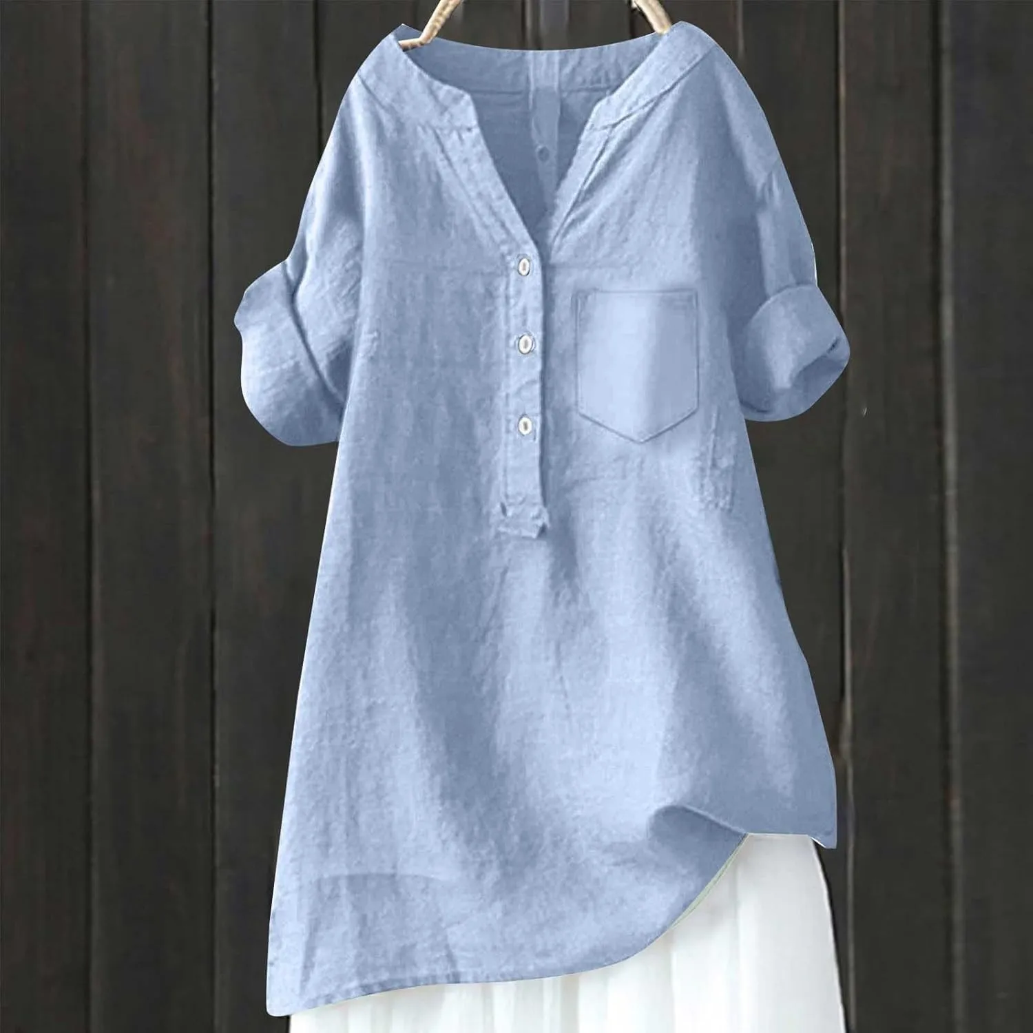 Linen Shirts for Women Short Sleeve V Neck Summer Beach Tops Casual Loose Fit Boho Tshirts with Buttons & Pockets