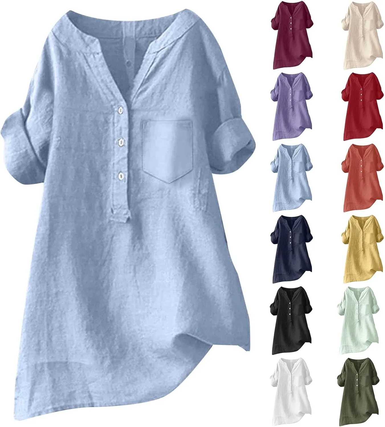 Linen Shirts for Women Short Sleeve V Neck Summer Beach Tops Casual Loose Fit Boho Tshirts with Buttons & Pockets