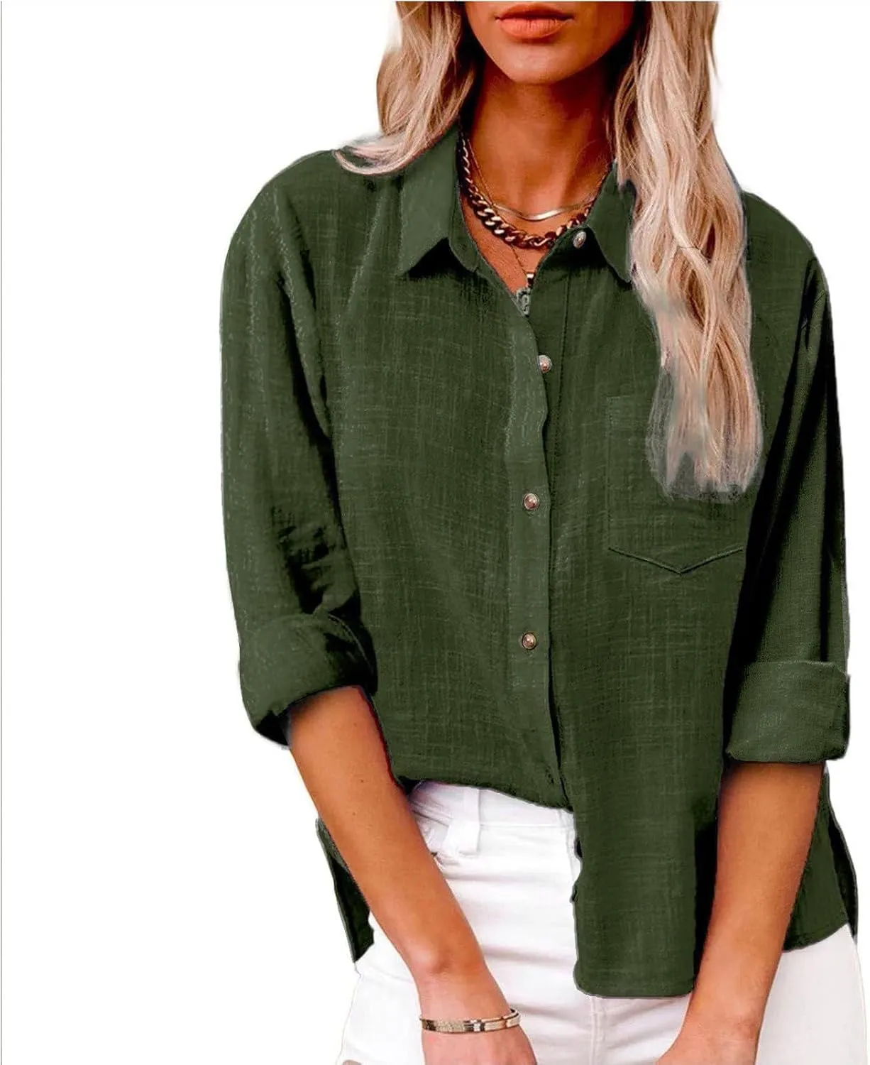 Linen Shirts for Women Trendy Solid Long Sleeve Collared Button Down Shirts Ladies Tops and Blouses Summer Clothes
