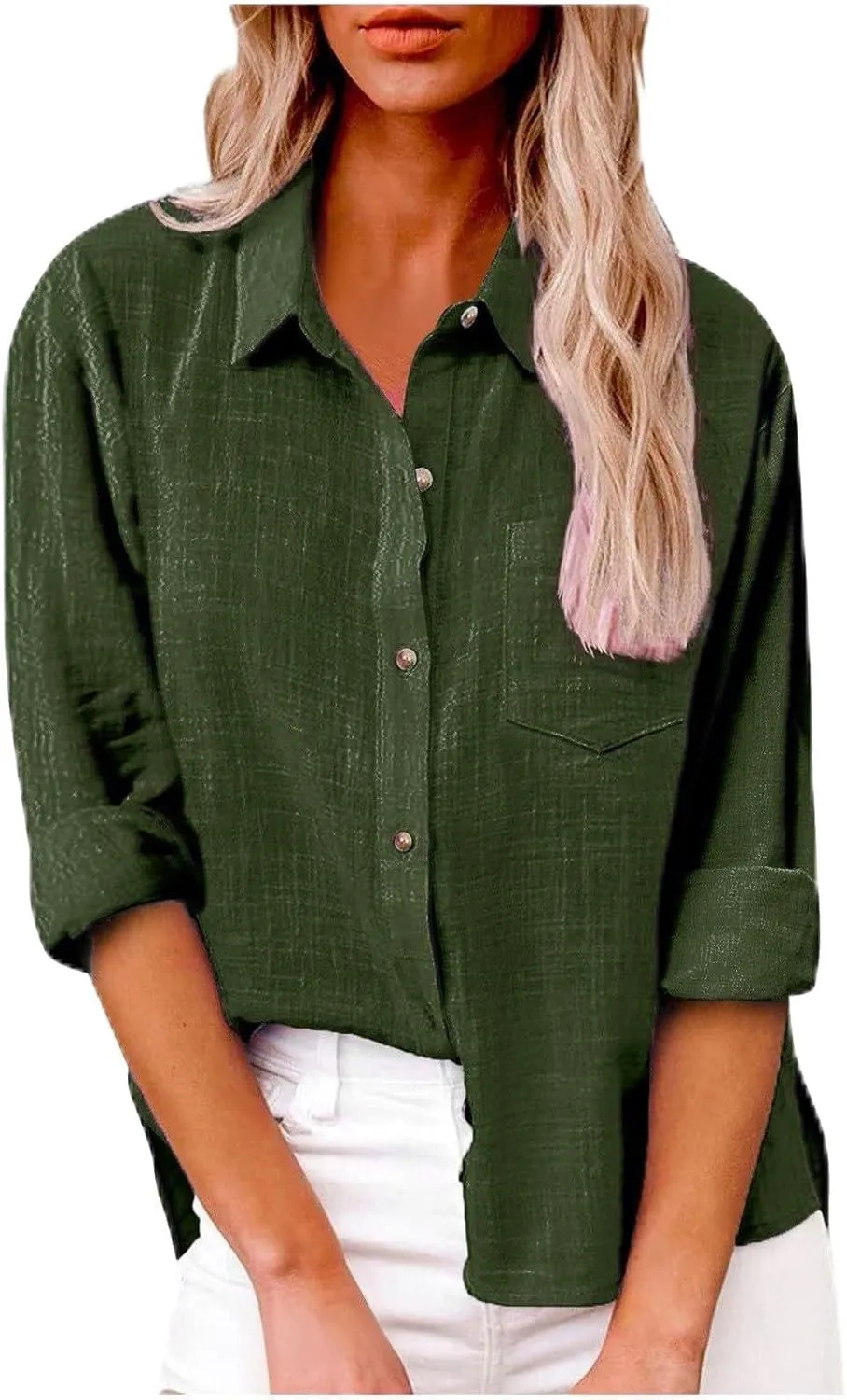 Linen Shirts for Women Trendy Solid Long Sleeve Collared Button Down Shirts Ladies Tops and Blouses Summer Clothes