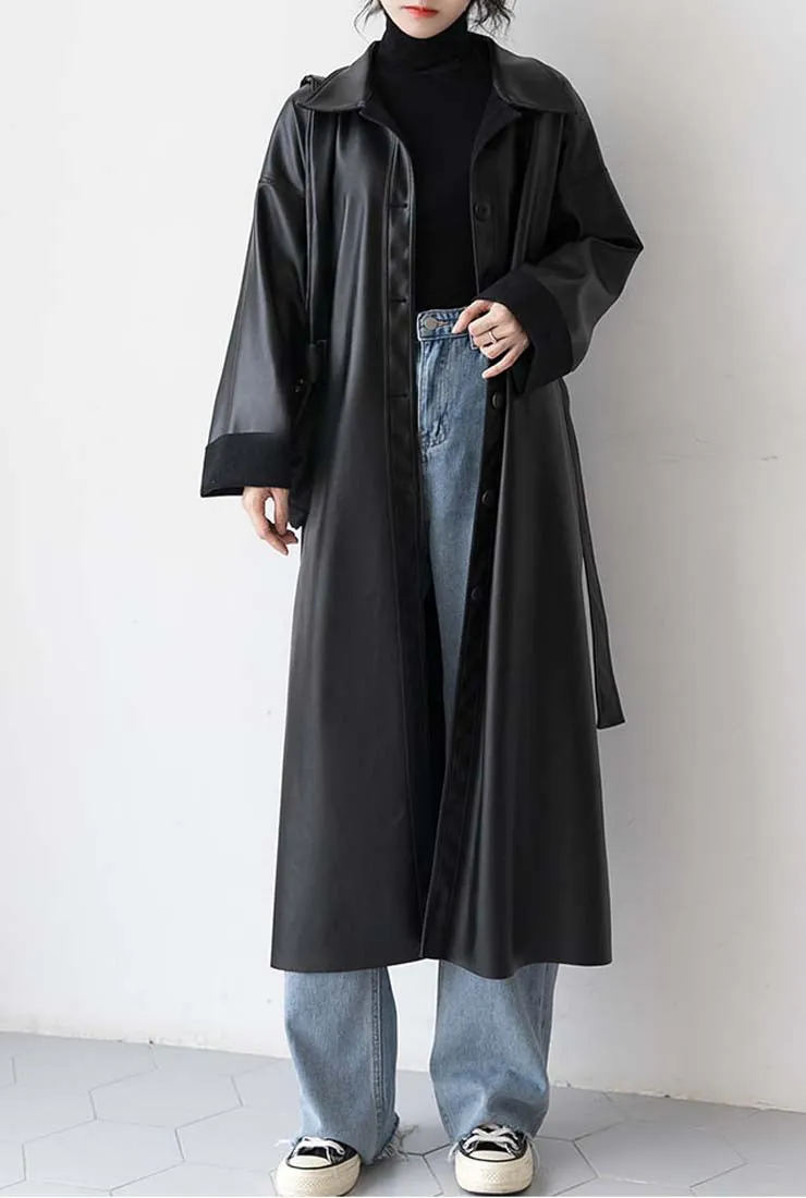 Long Black Faux Leather Trench Coat With Belt
