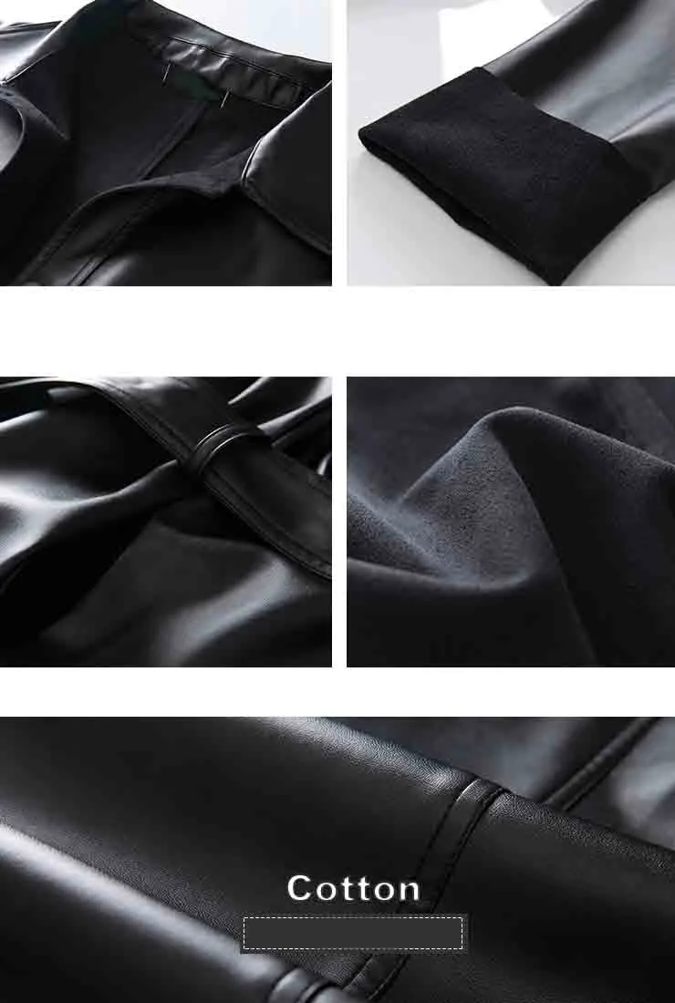 Long Black Faux Leather Trench Coat With Belt