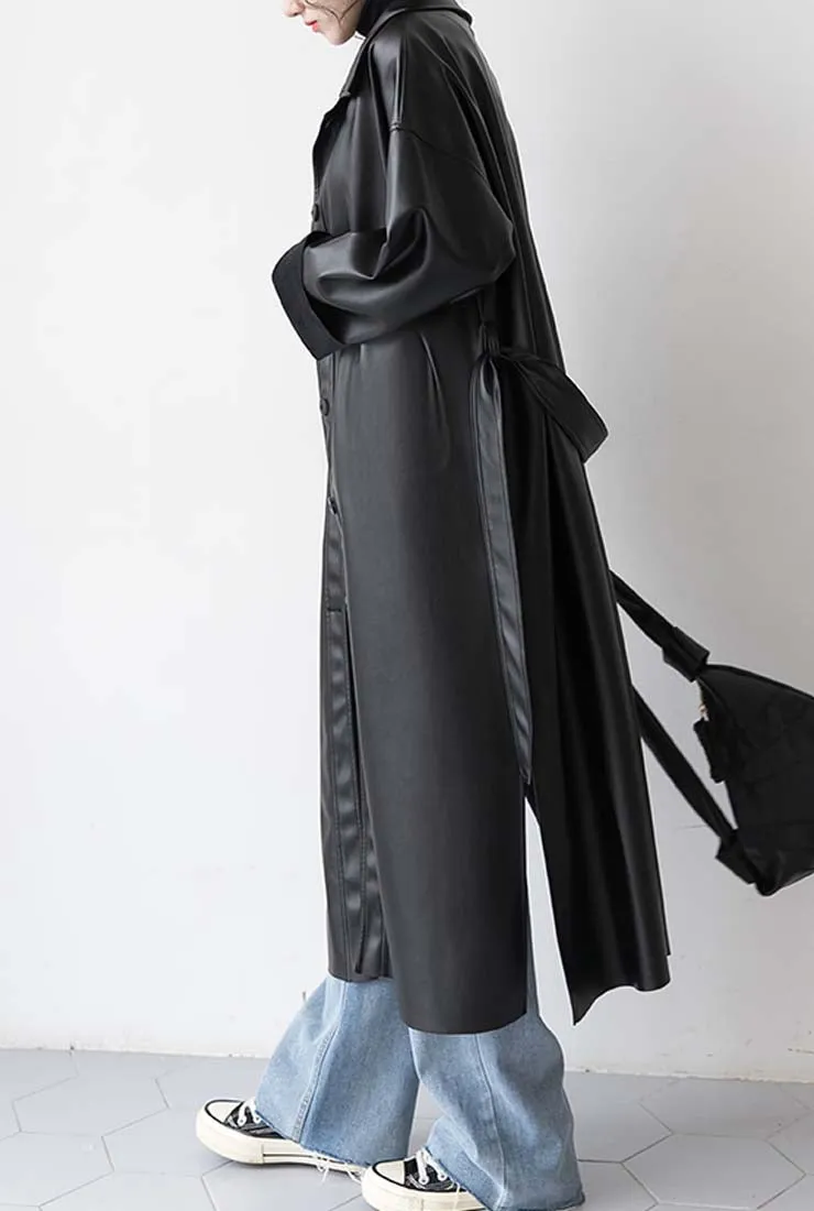 Long Black Faux Leather Trench Coat With Belt