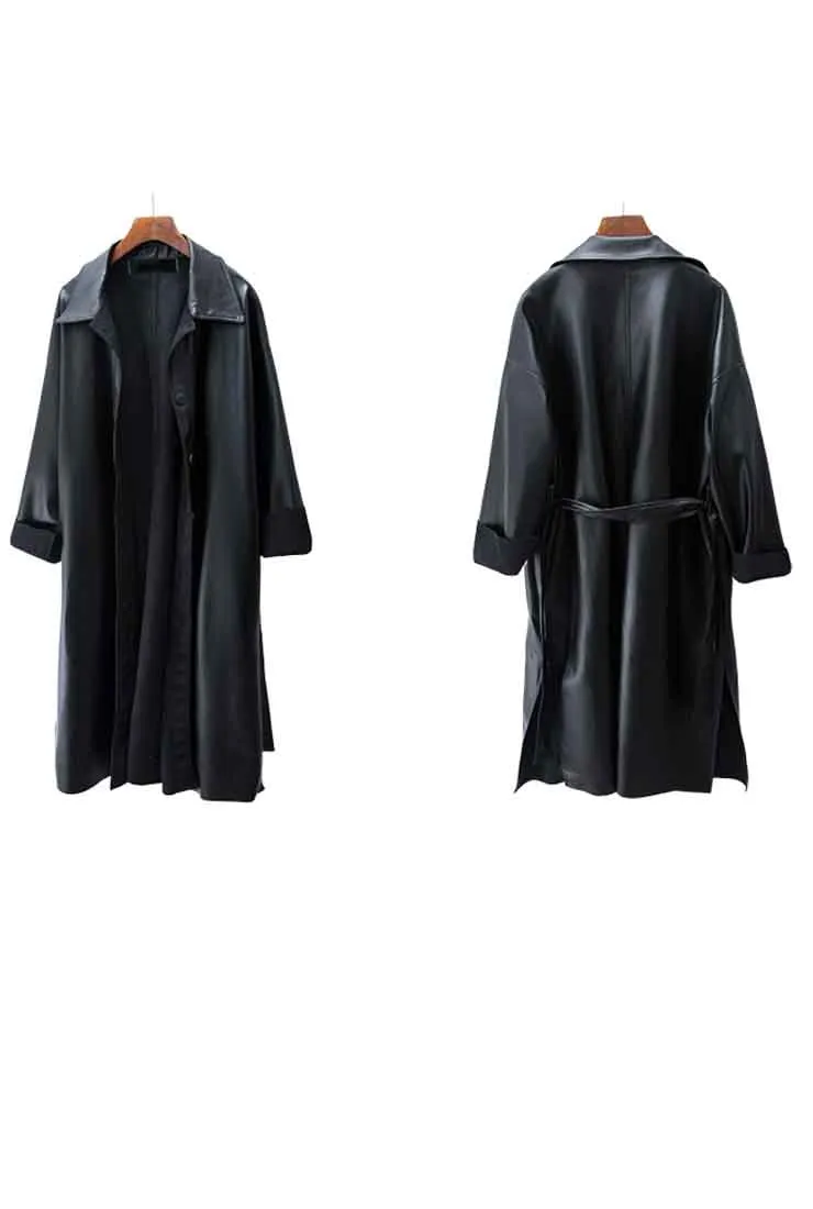Long Black Faux Leather Trench Coat With Belt
