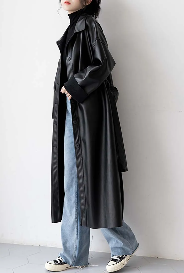 Long Black Faux Leather Trench Coat With Belt