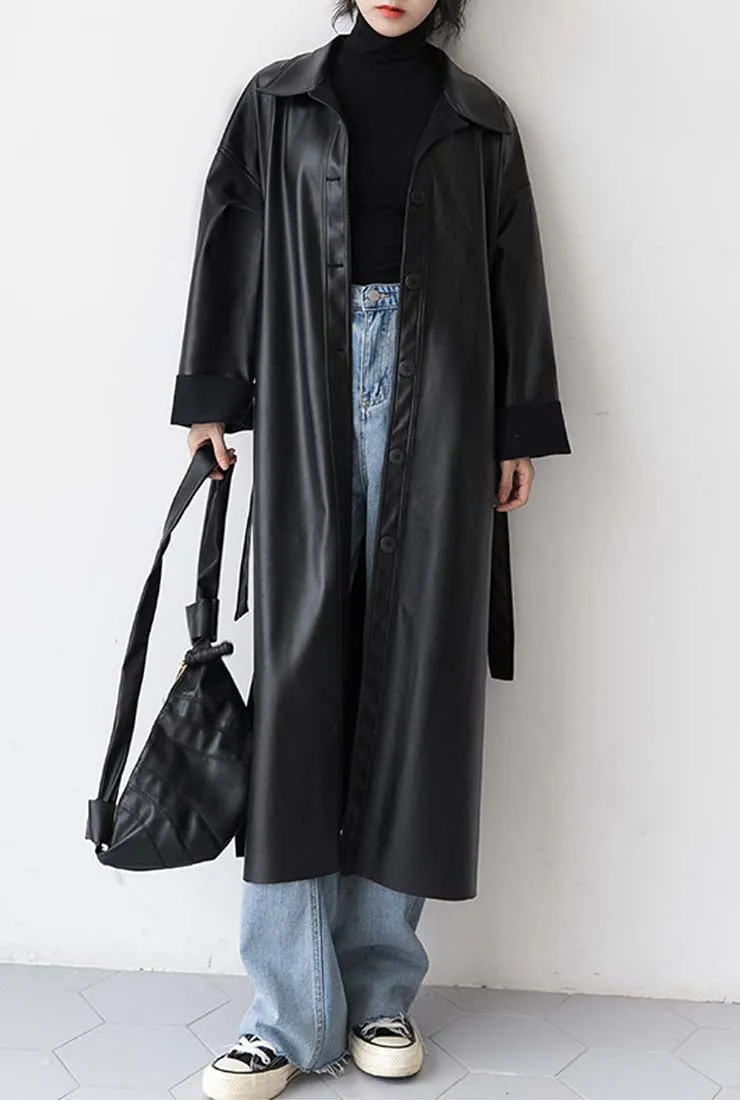 Long Black Faux Leather Trench Coat With Belt