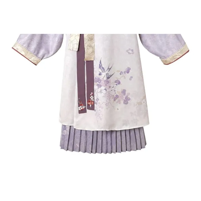 Long-Sleeve Floral Print Hanfu Robe / Sash / High Waist Pleated Skirt / Fluffy Scarf / Tassel Ornament / Brooch / Set
