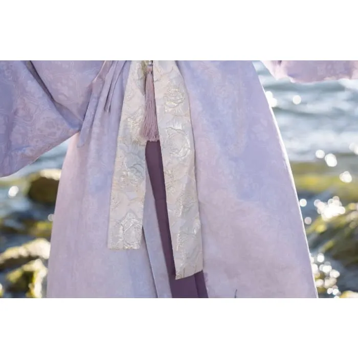 Long-Sleeve Floral Print Hanfu Robe / Sash / High Waist Pleated Skirt / Fluffy Scarf / Tassel Ornament / Brooch / Set