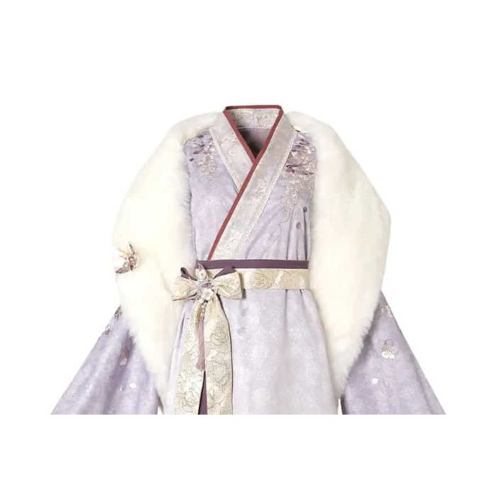 Long-Sleeve Floral Print Hanfu Robe / Sash / High Waist Pleated Skirt / Fluffy Scarf / Tassel Ornament / Brooch / Set