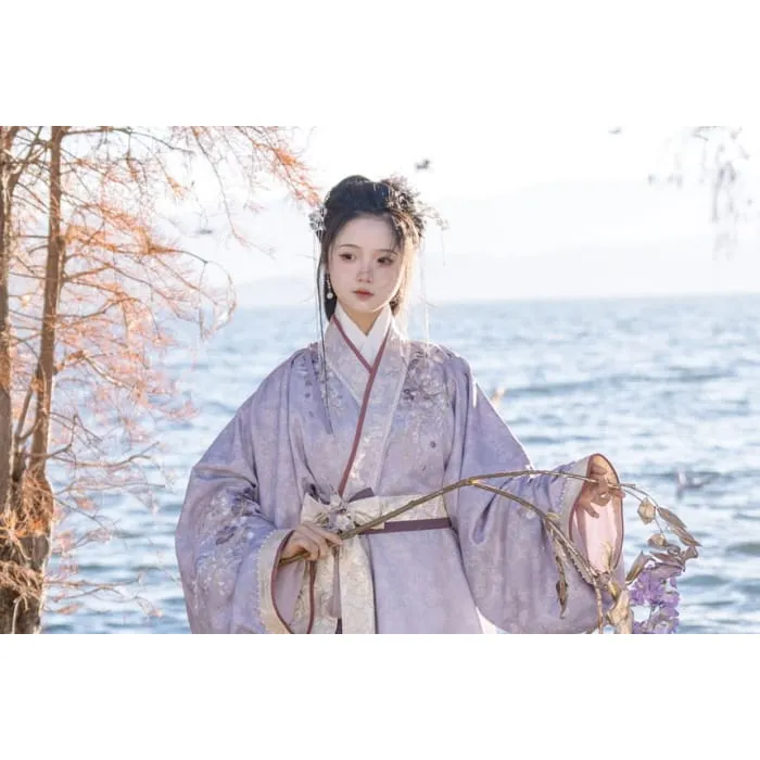 Long-Sleeve Floral Print Hanfu Robe / Sash / High Waist Pleated Skirt / Fluffy Scarf / Tassel Ornament / Brooch / Set