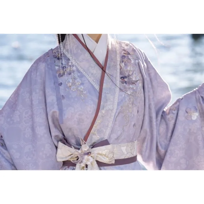 Long-Sleeve Floral Print Hanfu Robe / Sash / High Waist Pleated Skirt / Fluffy Scarf / Tassel Ornament / Brooch / Set