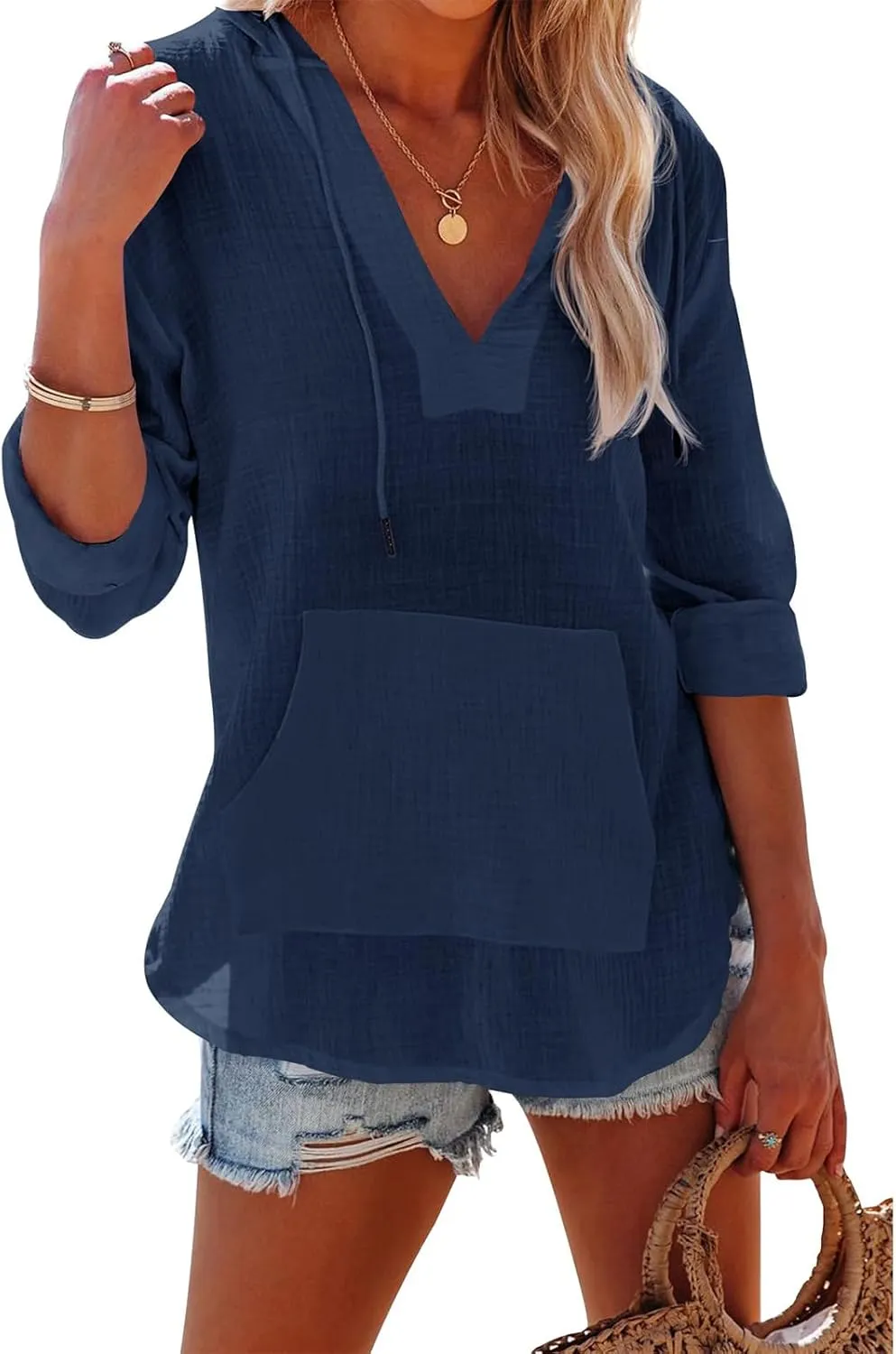 Long Sleeve Shirts for Women Casual Cotton Linen V Neck Tops Lightweight Pullover Top Hoodie Sweatshirts Beach Coverup