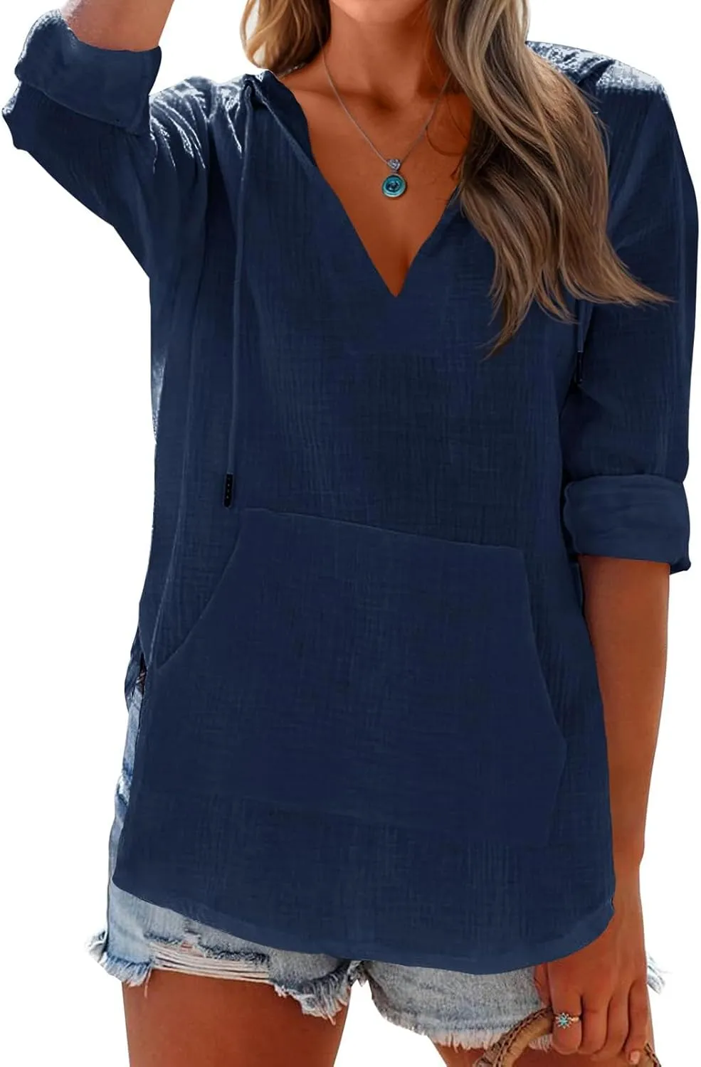 Long Sleeve Shirts for Women Casual Cotton Linen V Neck Tops Lightweight Pullover Top Hoodie Sweatshirts Beach Coverup