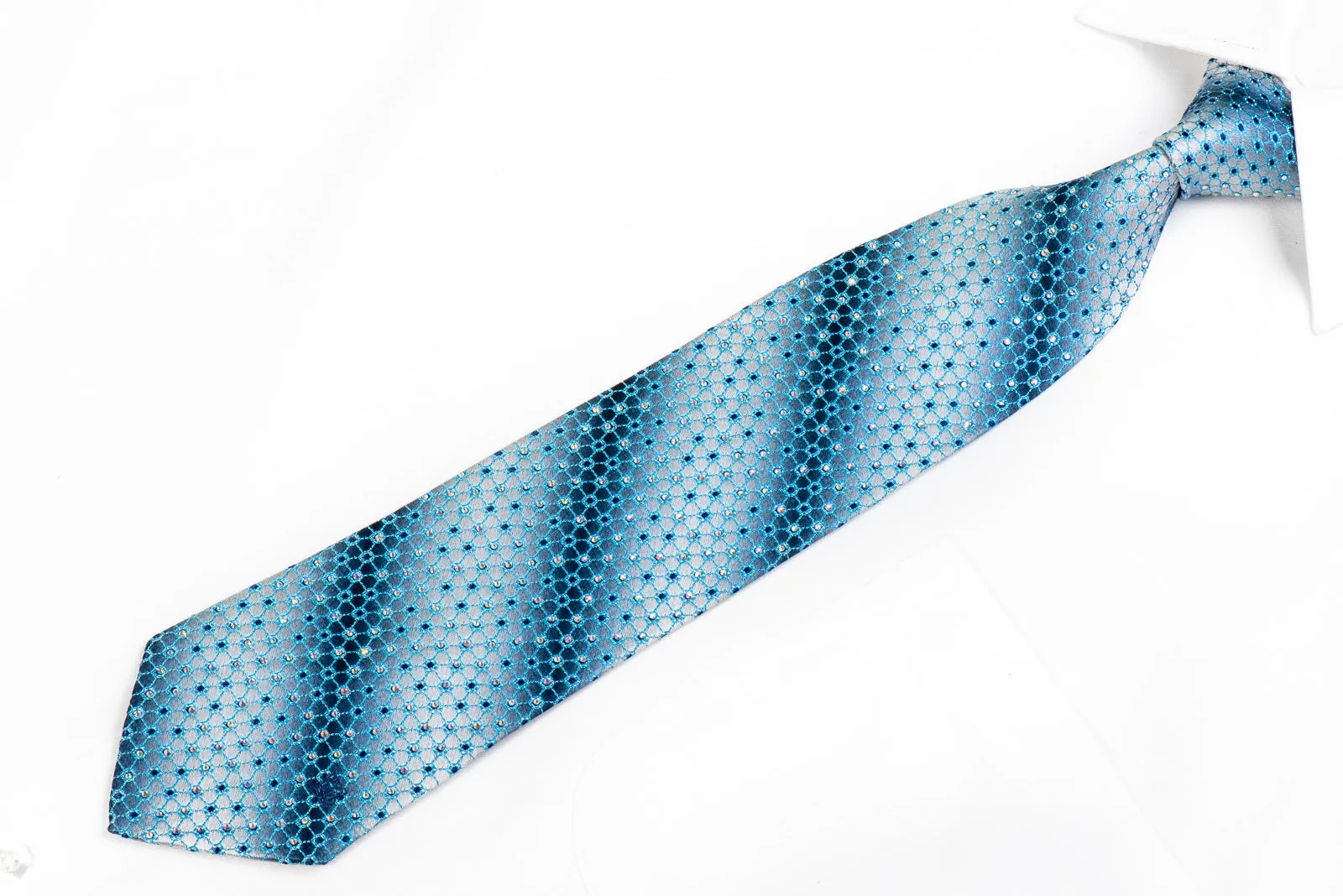 Louis Quatorze Mens Rhinestone Necktie Blue Trellis On Graduating Silver