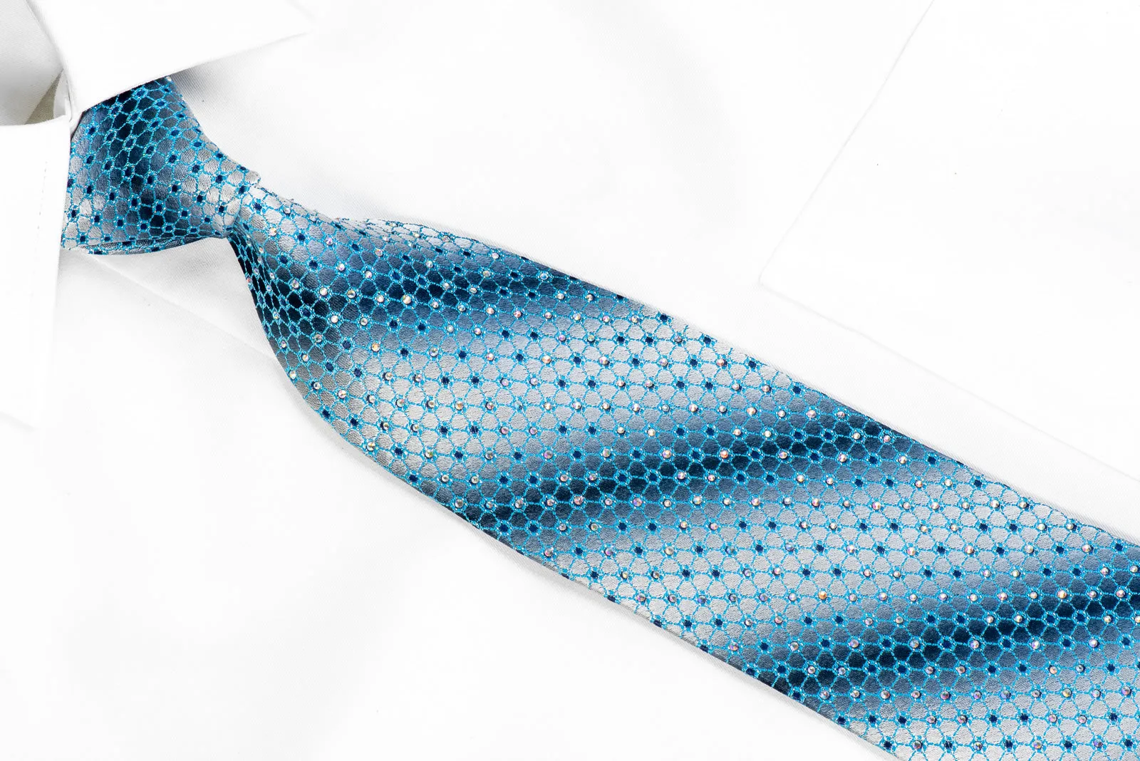 Louis Quatorze Mens Rhinestone Necktie Blue Trellis On Graduating Silver