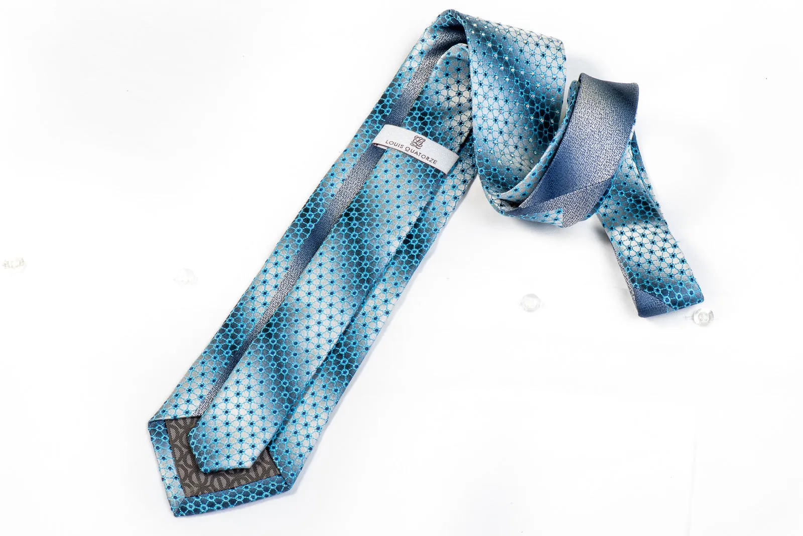 Louis Quatorze Mens Rhinestone Necktie Blue Trellis On Graduating Silver