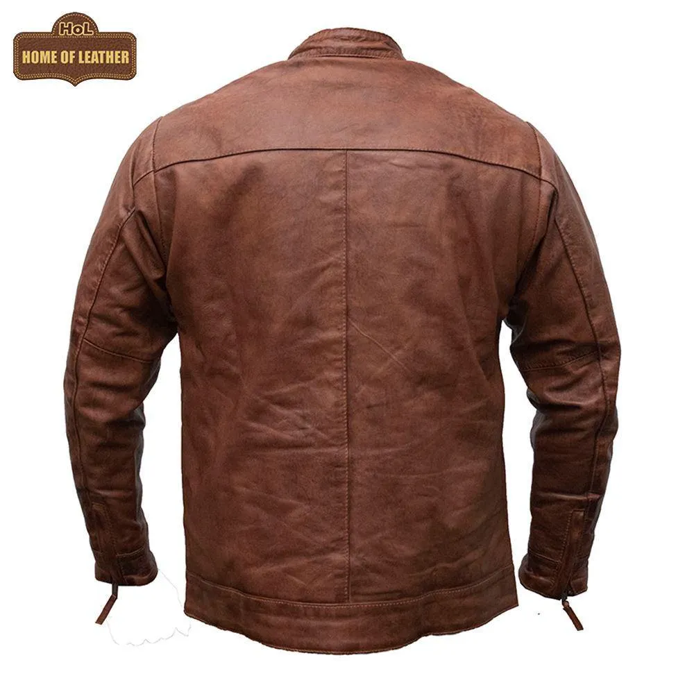 M043 Wax Men's Vintage Style Retro Brown Distressed CowHide Leather Jacket