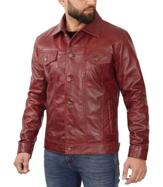 Maroon Trucker Leather Jacket By TJS