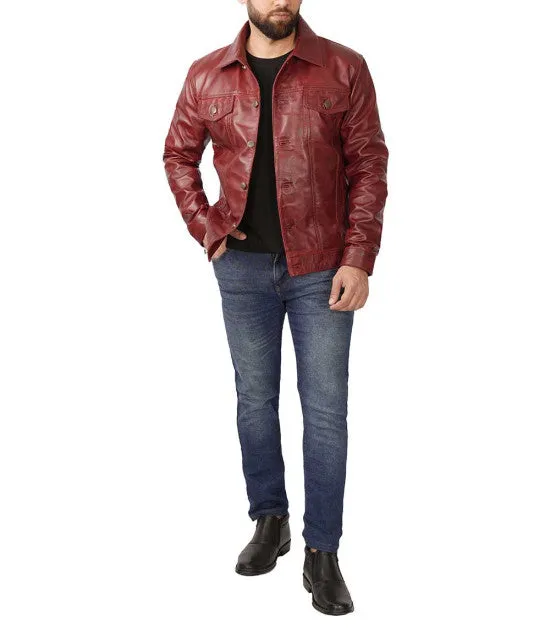 Maroon Trucker Leather Jacket By TJS