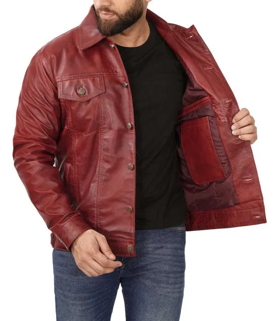 Maroon Trucker Leather Jacket By TJS