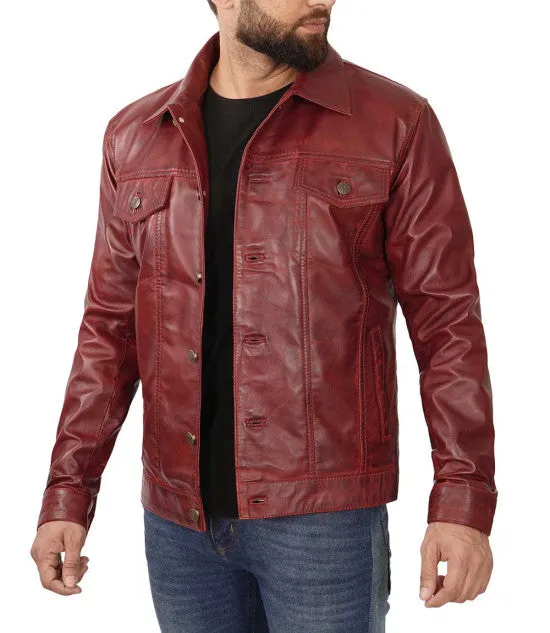 Maroon Trucker Leather Jacket By TJS