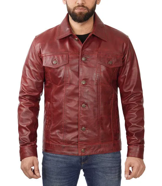 Maroon Trucker Leather Jacket By TJS
