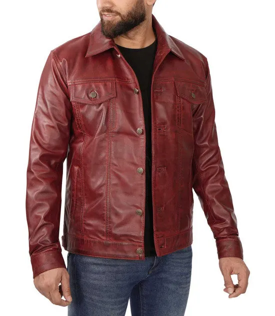 Maroon Trucker Leather Jacket By TJS