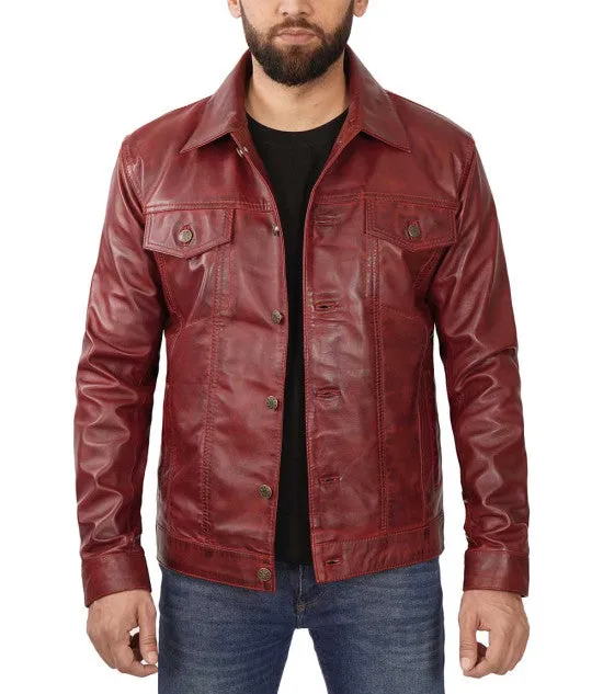 Maroon Trucker Leather Jacket By TJS