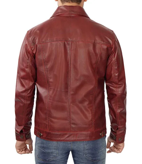 Maroon Trucker Leather Jacket By TJS