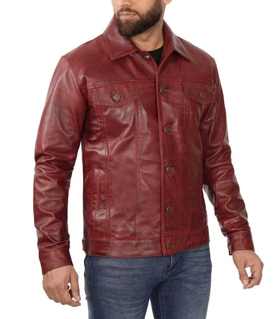 Maroon Trucker Leather Jacket By TJS