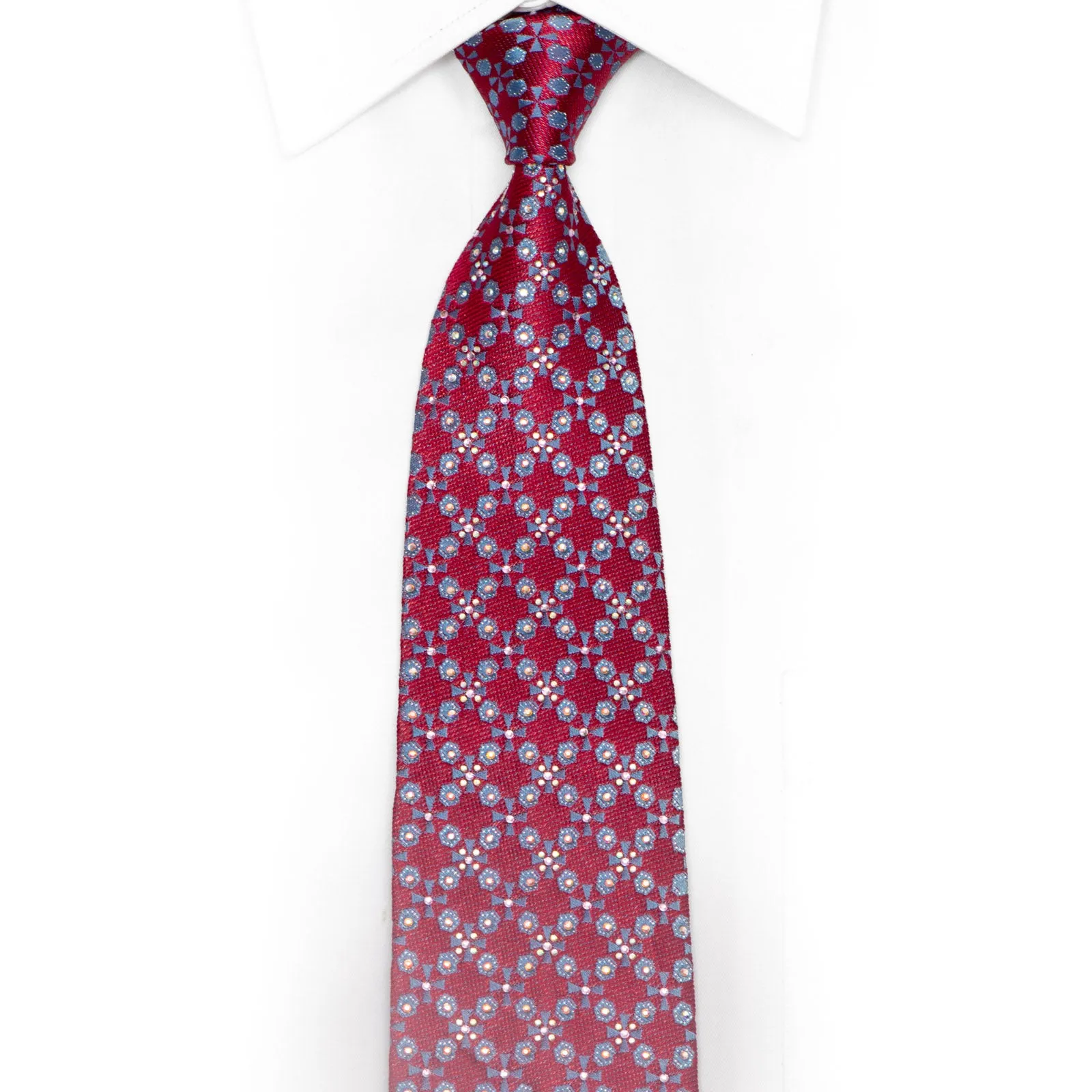 Mauve Geometric Design On Pink Rhinestone Silk Necktie With Silver Sparkles