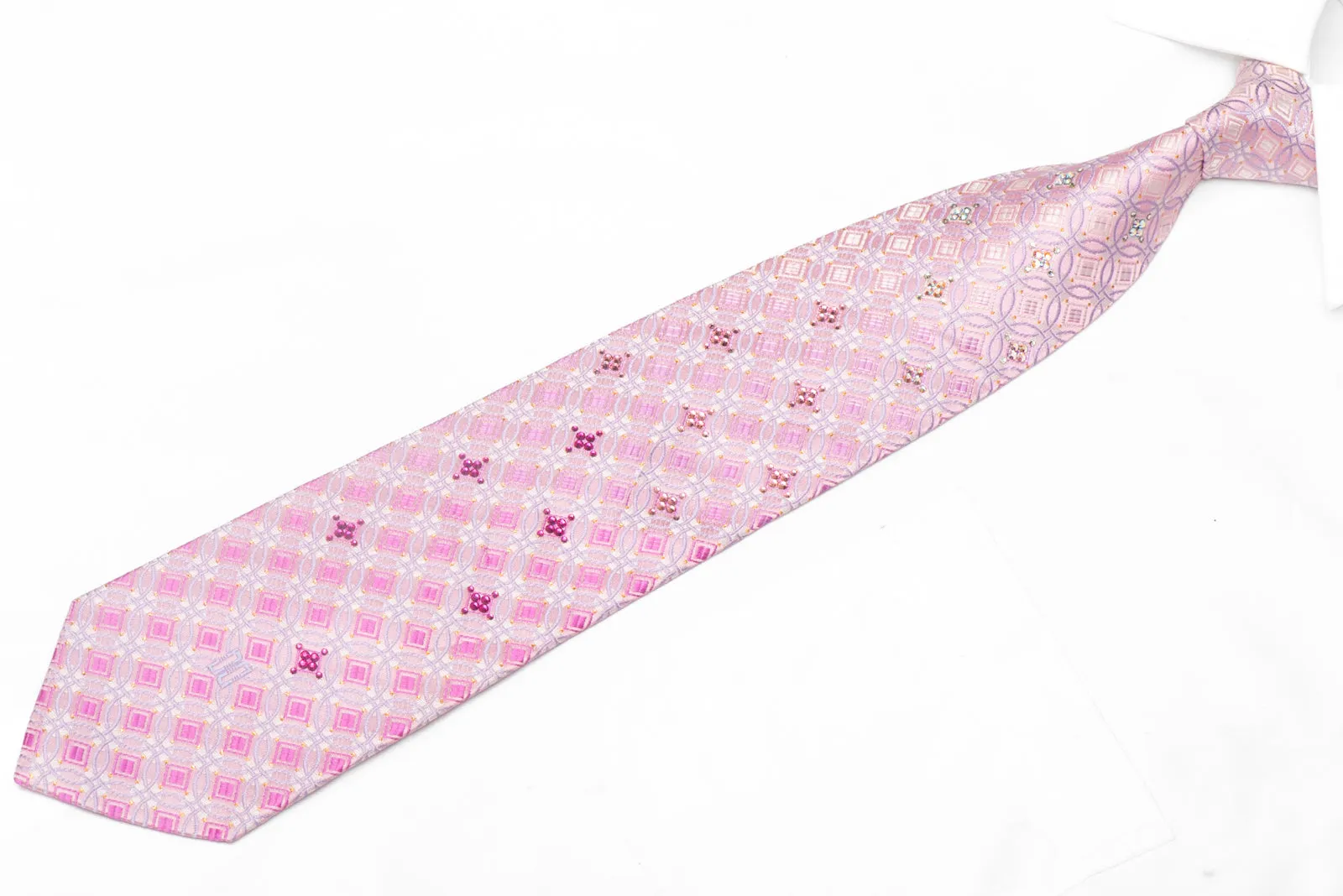 Mauve Pink Geometric Design Rhinestone Silk Necktie With Silver Sparkles