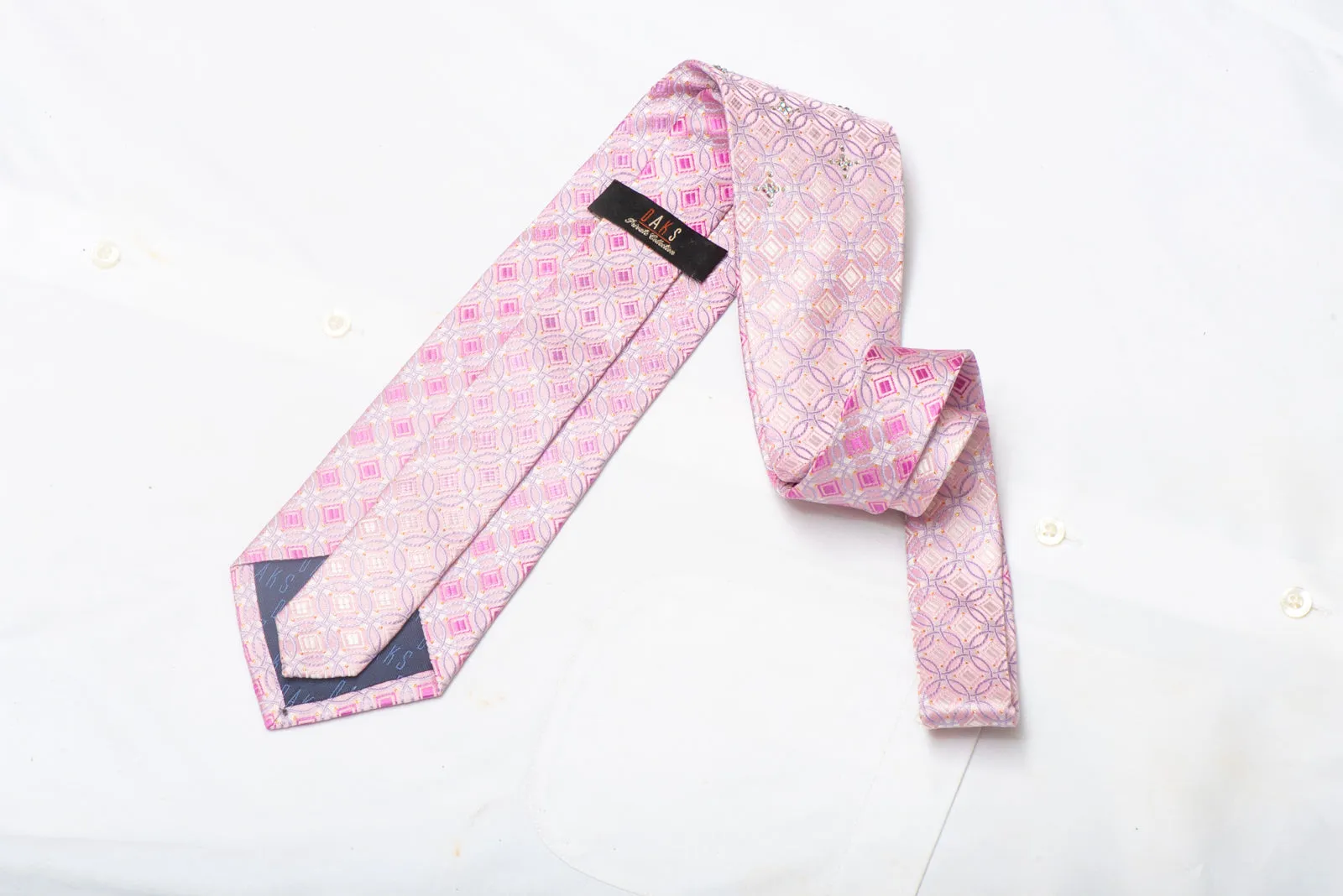 Mauve Pink Geometric Design Rhinestone Silk Necktie With Silver Sparkles
