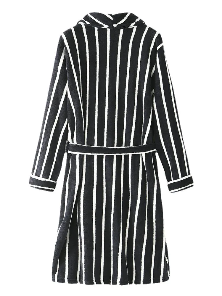 Men Basic Striped Print Flannel Winter Thick Mid-Length Home Lounge Robes