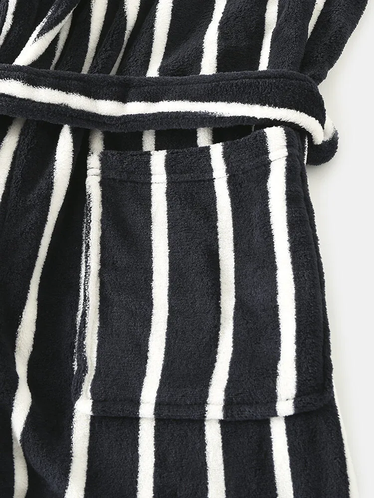Men Basic Striped Print Flannel Winter Thick Mid-Length Home Lounge Robes