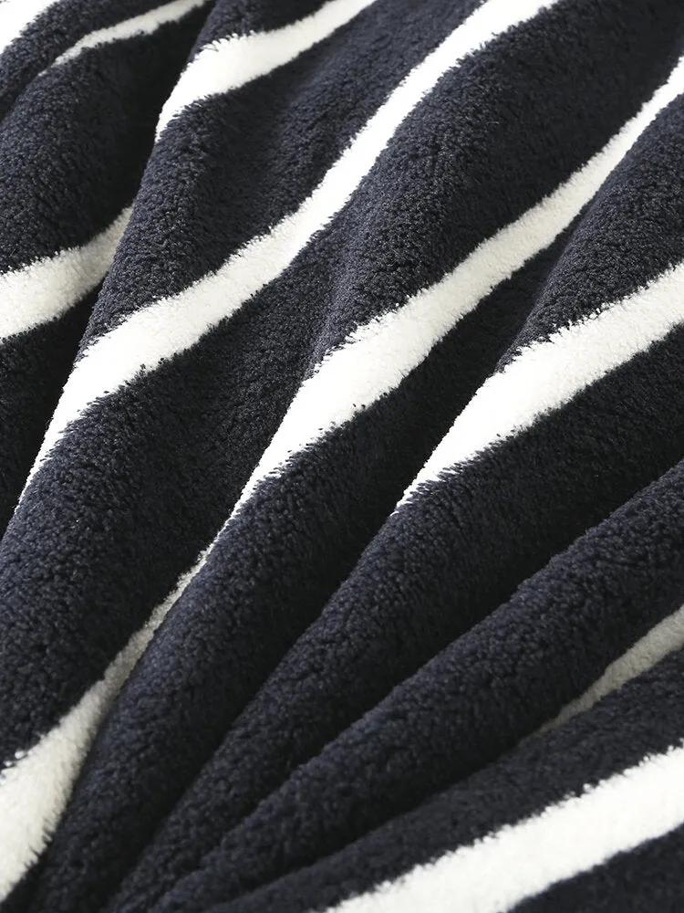 Men Basic Striped Print Flannel Winter Thick Mid-Length Home Lounge Robes