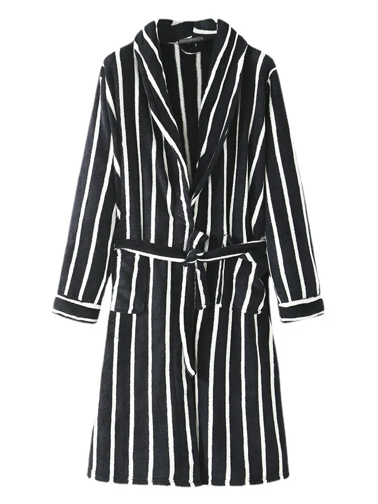 Men Basic Striped Print Flannel Winter Thick Mid-Length Home Lounge Robes