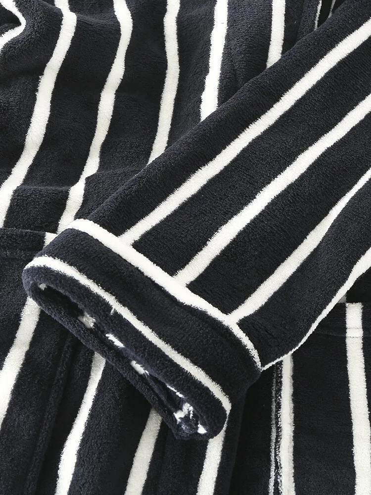 Men Basic Striped Print Flannel Winter Thick Mid-Length Home Lounge Robes