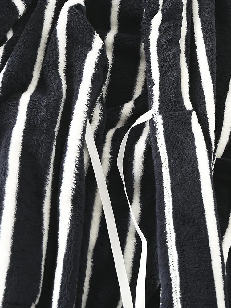Men Basic Striped Print Flannel Winter Thick Mid-Length Home Lounge Robes