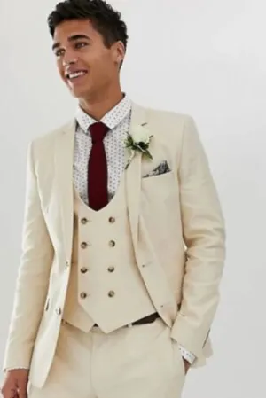 Men Beach Wedding Suit Beige There Piece Suit Slim Fit Suit Dinner Suit Formal Groomsmen Suits Bespoke Tailoring