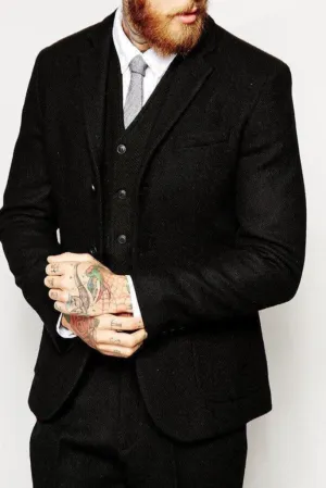 Men Black Tweed Suit Black Formal Coat Suit For Winters man slim fit Three Piece tweed tuxedo dinner suit groom wedding suit