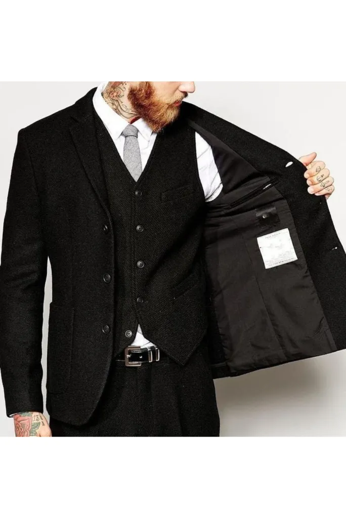 Men Black Tweed Suit Black Formal Coat Suit For Winters man slim fit Three Piece tweed tuxedo dinner suit groom wedding suit