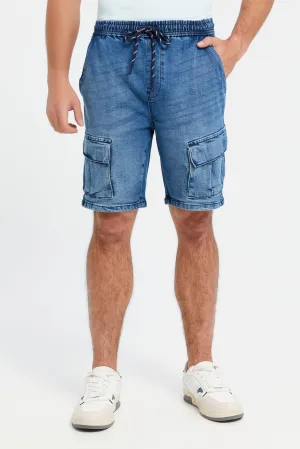 Men Blue Cargo Pockets Pull On Shorts