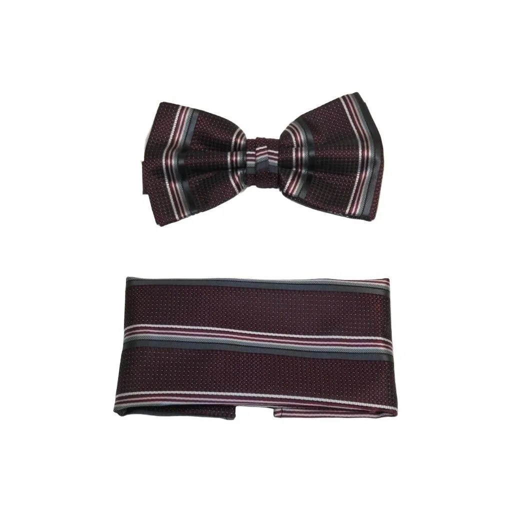 Men Bow Tie Hankie J.Valintin Formal or Business #BT13 Burgundy Stripe
