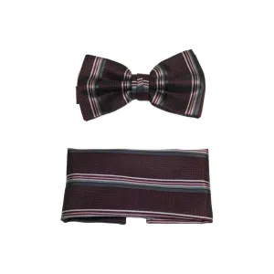 Men Bow Tie Hankie J.Valintin Formal or Business #BT13 Burgundy Stripe