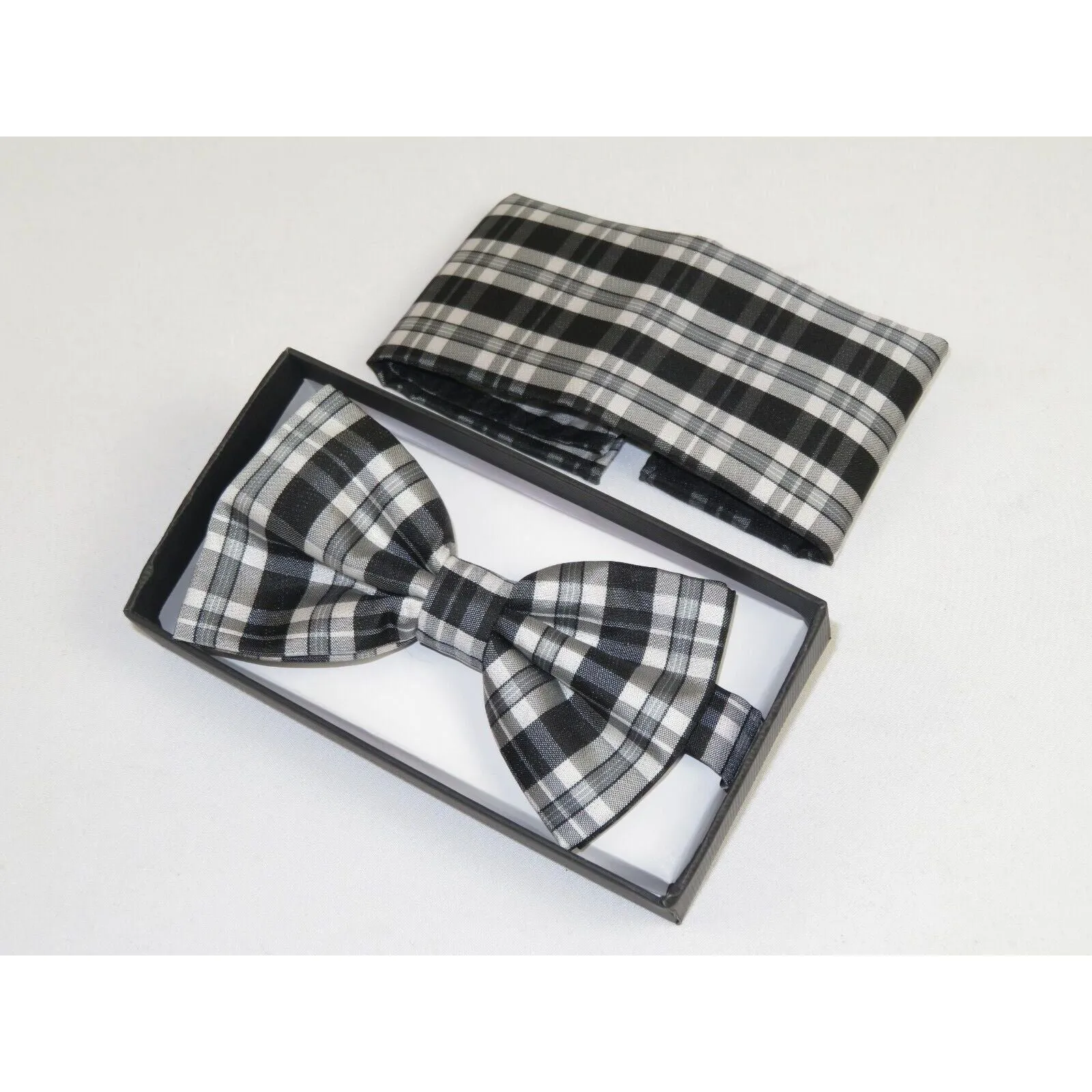 Men Bow Tie Hankie Set Formal Event For Tuxedo or Business Suit #BT6 Black Gray