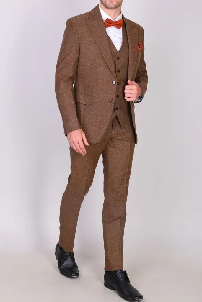Men Brown Tweed Winter Outwear Three Piece Suit Formal Prom Wear Wedding Suit Winter Gift For Him