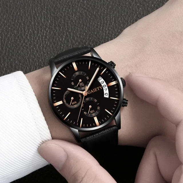 men Fashion Sport Stainless Steel Case Leather Band watch